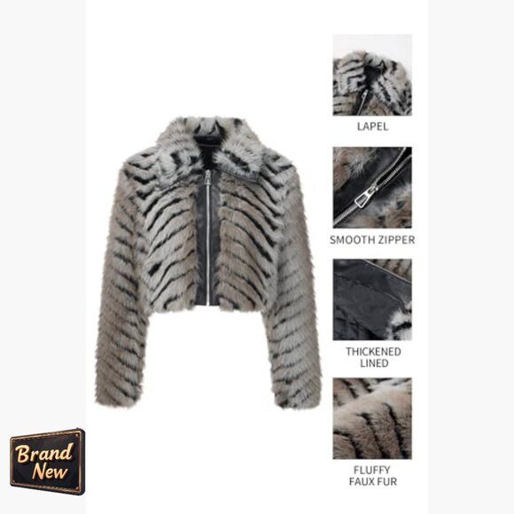 Faux Fur Leather Jacket Cropped Fleece Coat Warm Fluffy Zip Outerwear - Picture 4 of 7